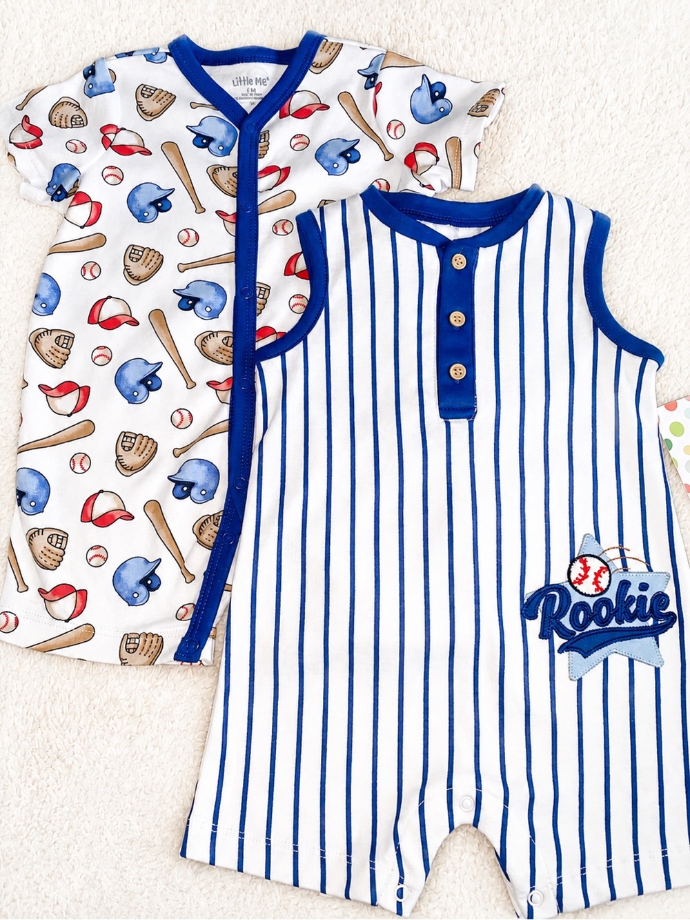 NWT Little Me Baseball Rompers Boys 6M 2 pc Set